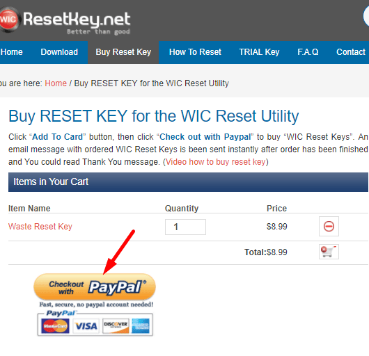 nhấn vào checkout để mua Epson R230 reset key